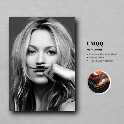 Kate Moss Mustache Metal Print in black and white showcasing a chic and humorous design on premium aluminum.