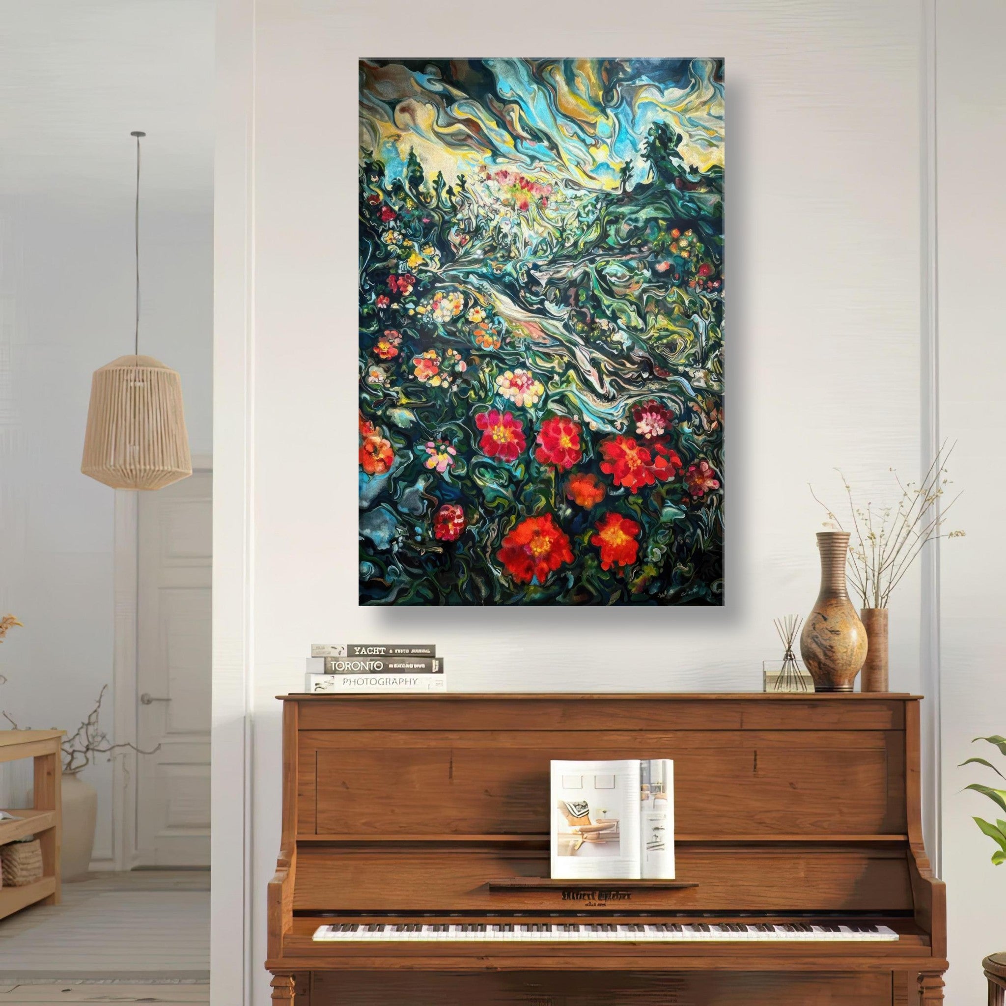 Vibrant abstract floral landscape painting canvas print displayed above a piano in a stylish interior.