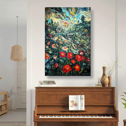 Vibrant abstract floral landscape painting canvas print displayed above a piano in a stylish interior.