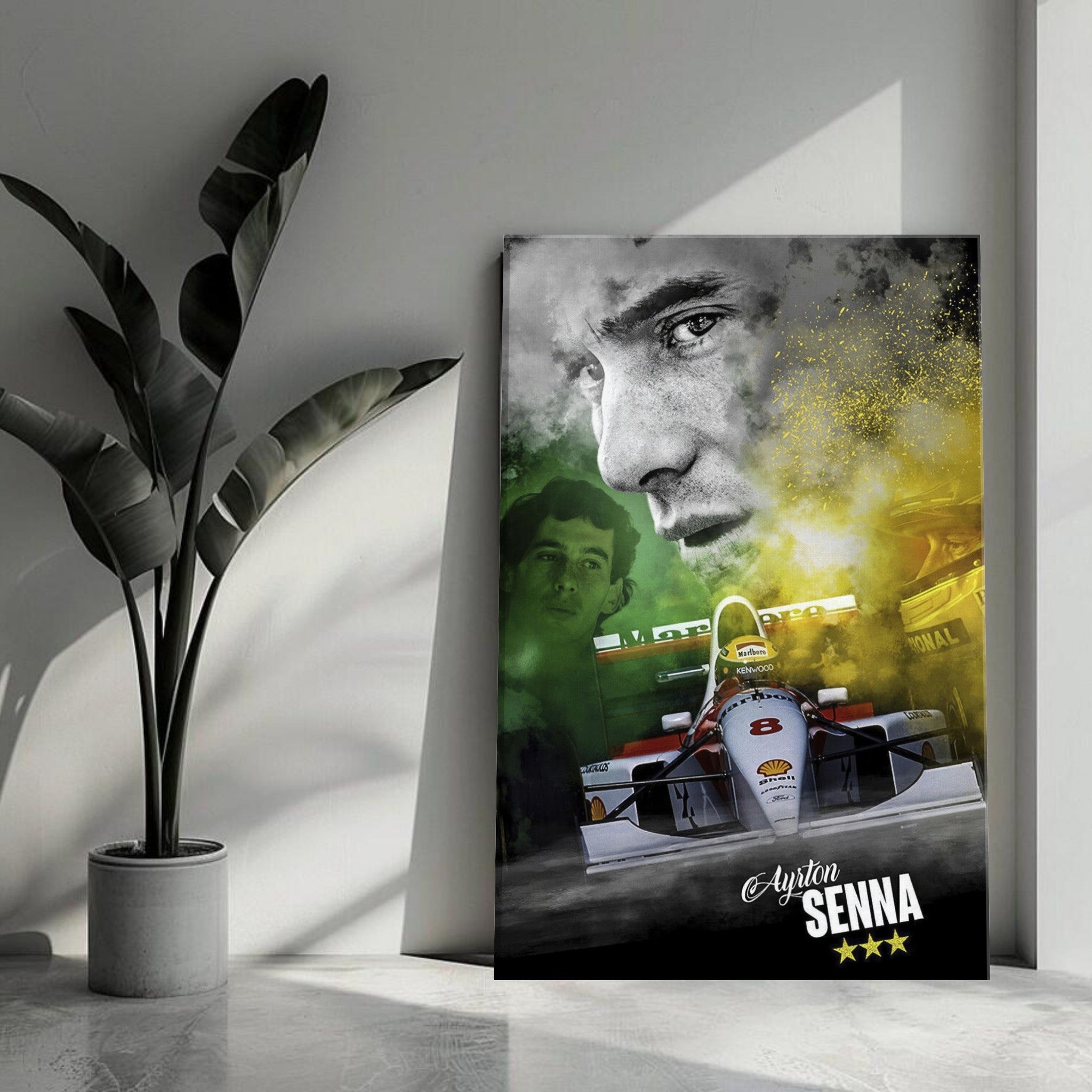 Ayrton Senna canvas print showcasing the legendary driver with McLaren car and iconic racing imagery in vibrant colors.