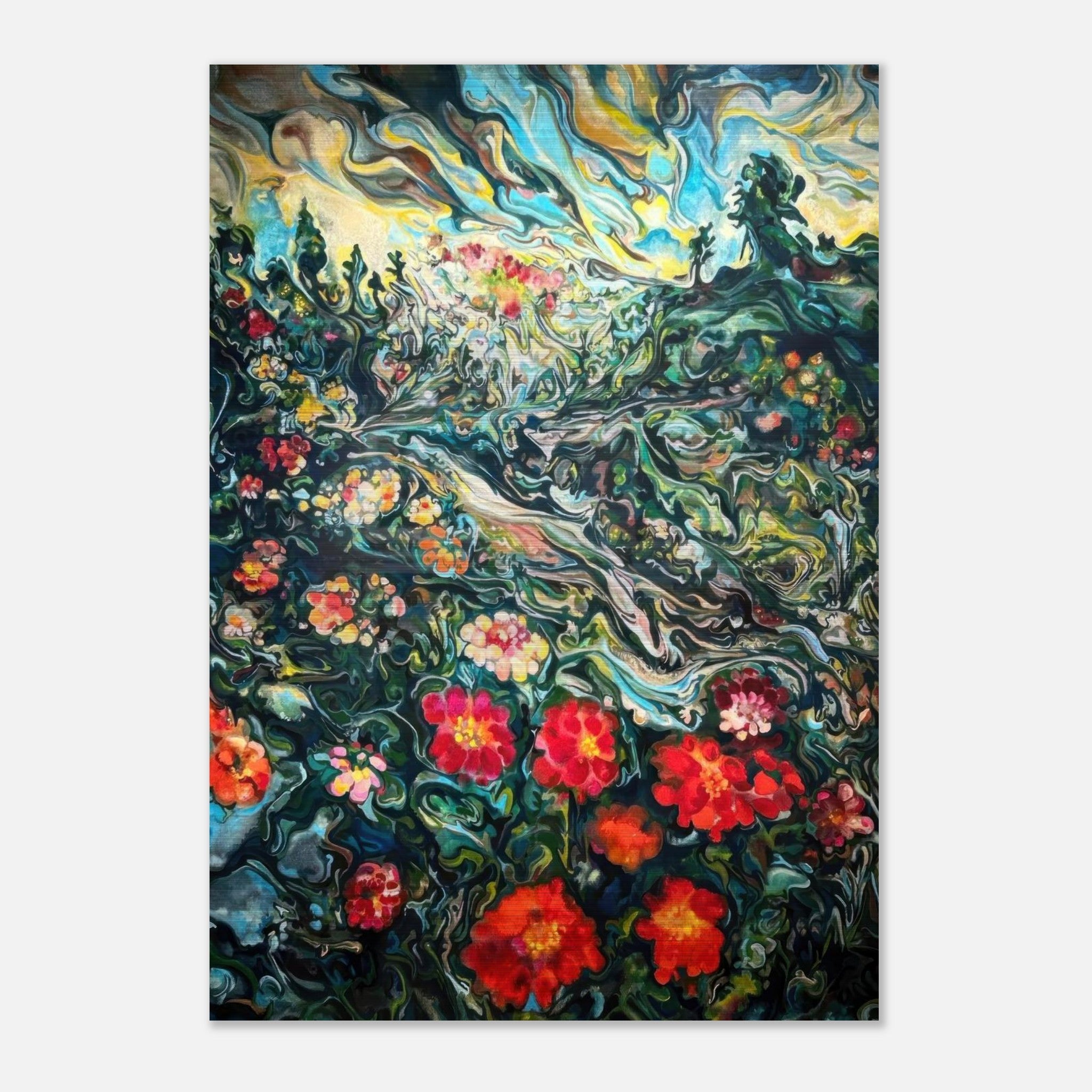 Vibrant abstract floral landscape painting on brushed metal, featuring swirling colors and delicate flowers.