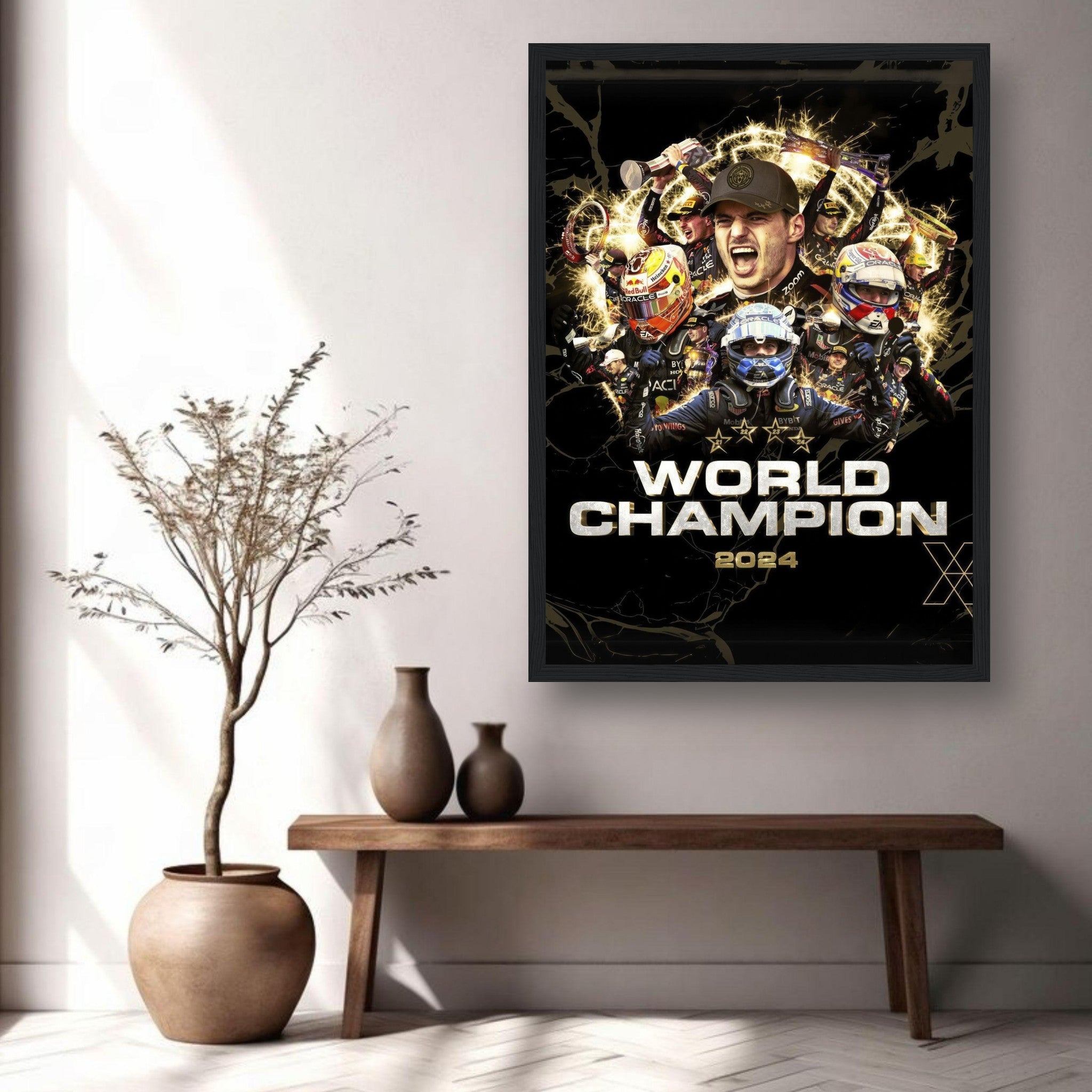 Max Verstappen 2024 F1 World Champion framed print displayed in a modern interior setting.