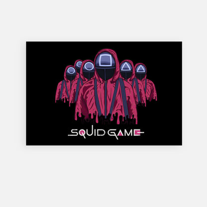 Squid Game Soldiers metal print featuring ominous characters in red uniforms with unique masks on a sleek black background.