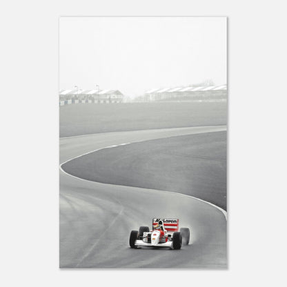 1988 Ayrton Senna McLaren MP4/4 racing on track captured in premium metal print.