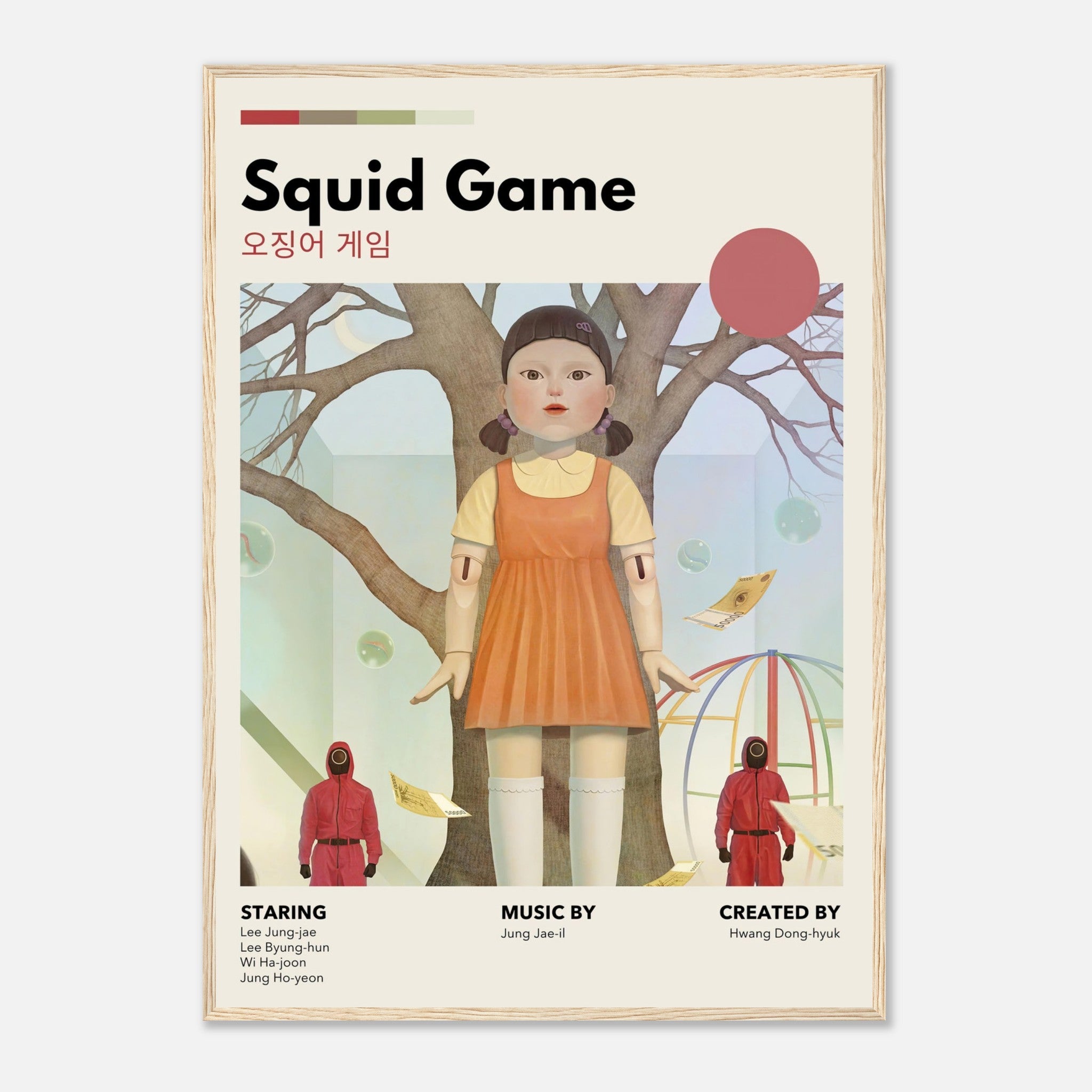 Vintage Squid Game framed poster featuring the iconic Red Light, Green Light doll in a retro design.