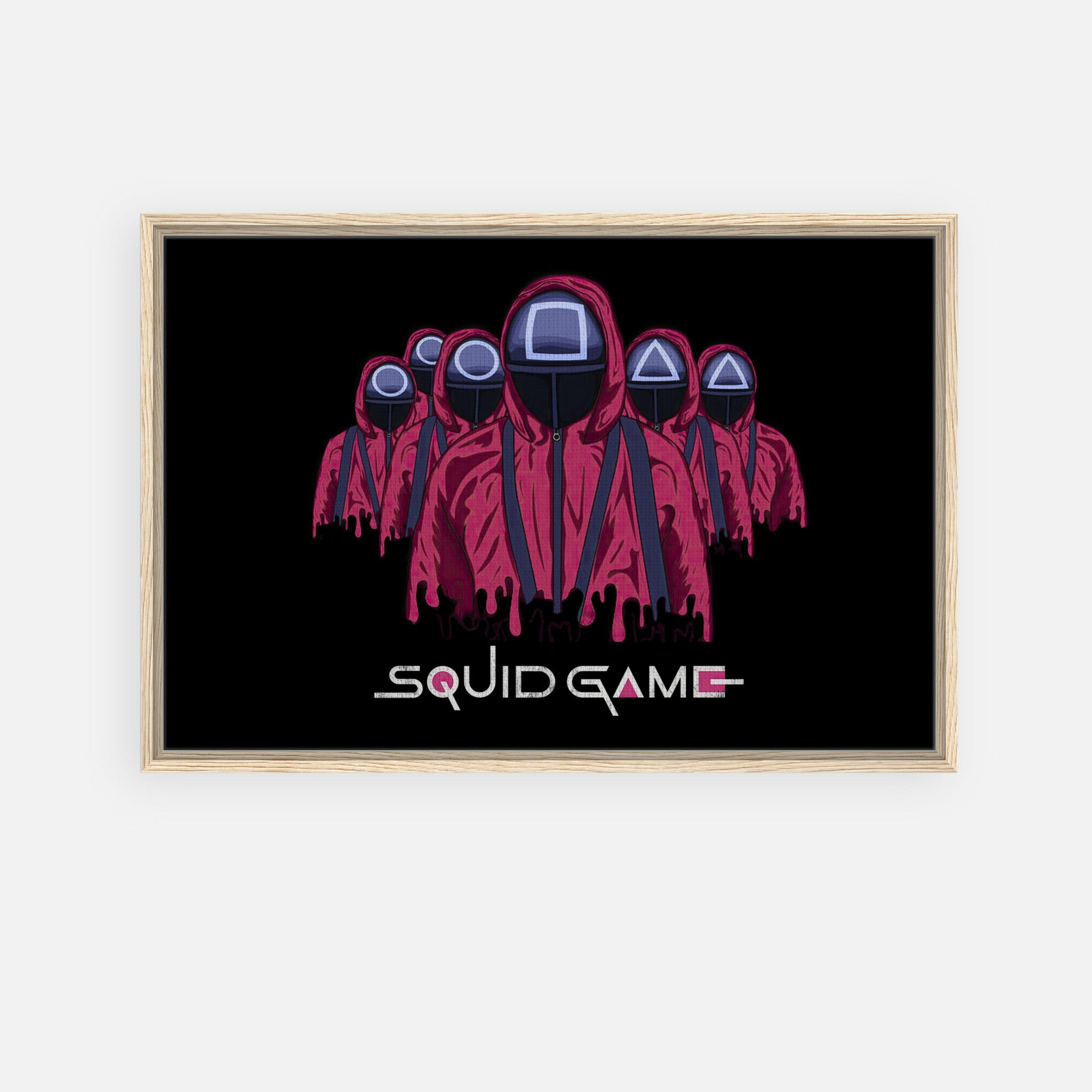 Squid Game Soldiers framed canvas print featuring masked guards in red uniforms against a black background.