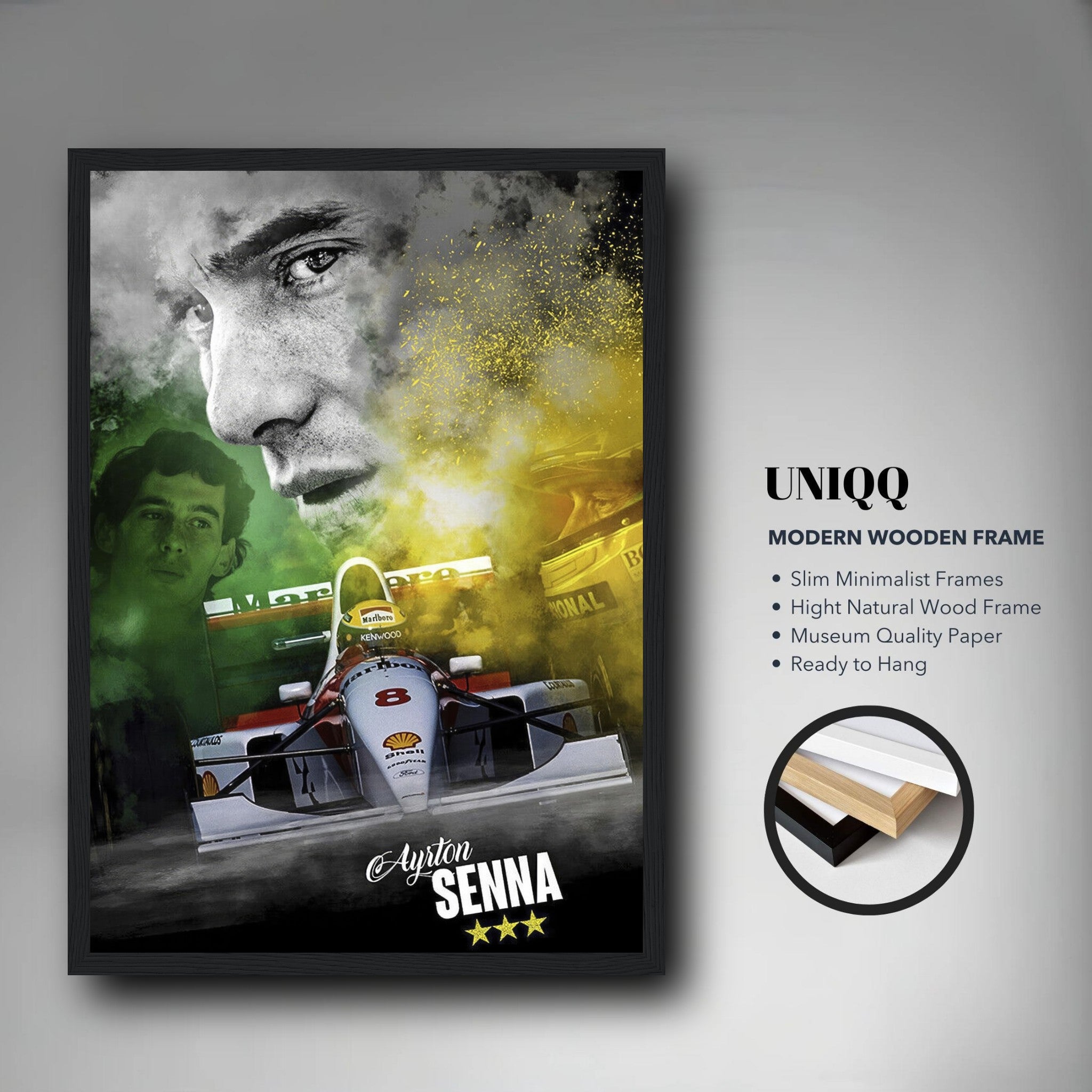 Framed print of Ayrton Senna in a McLaren, featuring vibrant artwork and a modern wooden frame, ready to hang.