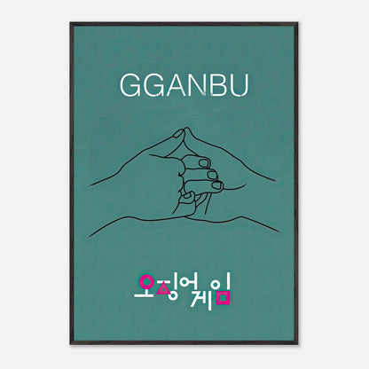 GGANBU Squid Game fine art print featuring two hands making a pinky promise on a teal background.