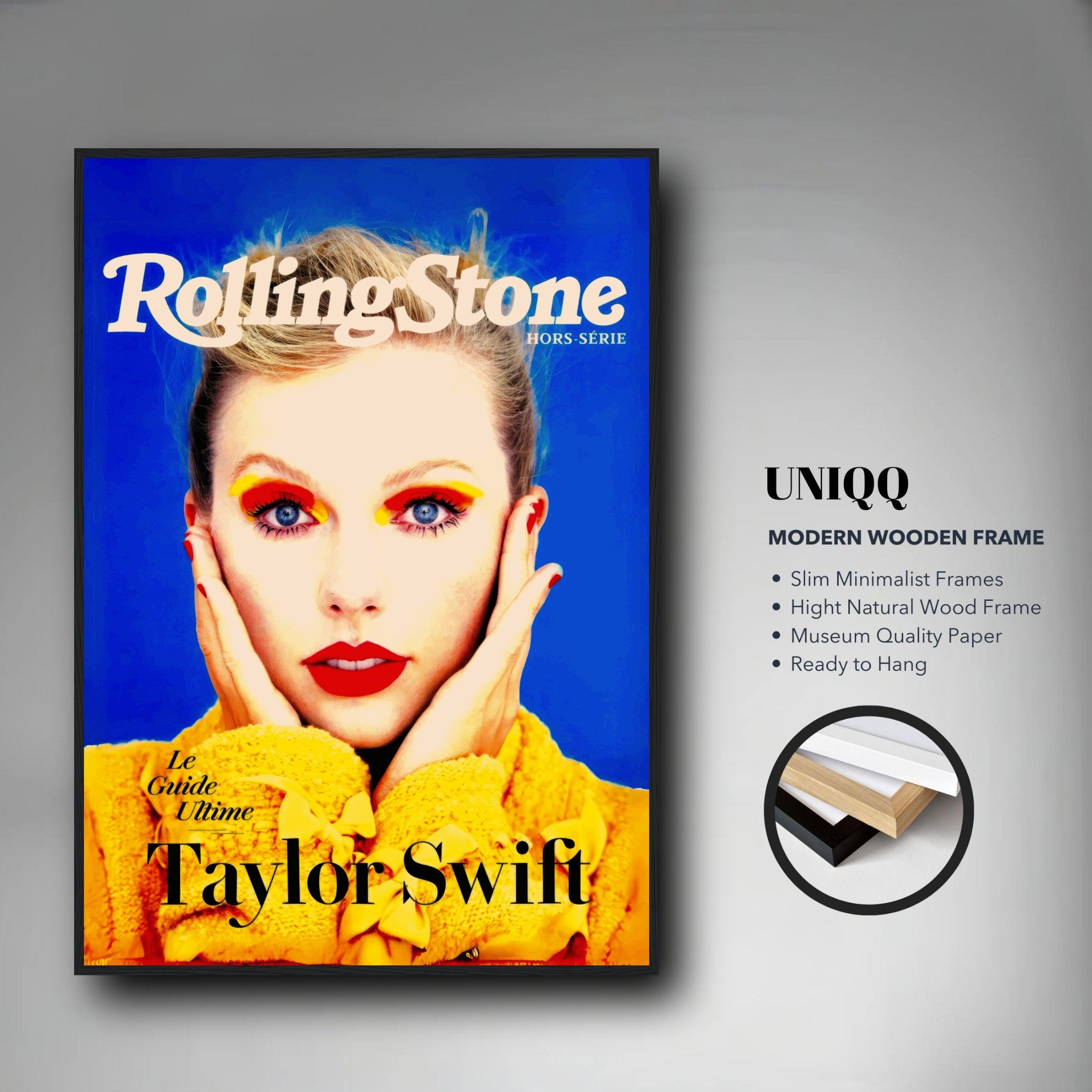 Taylor Swift Rolling Stone magazine cover framed print with vibrant colors and modern wooden frame, ready to hang.