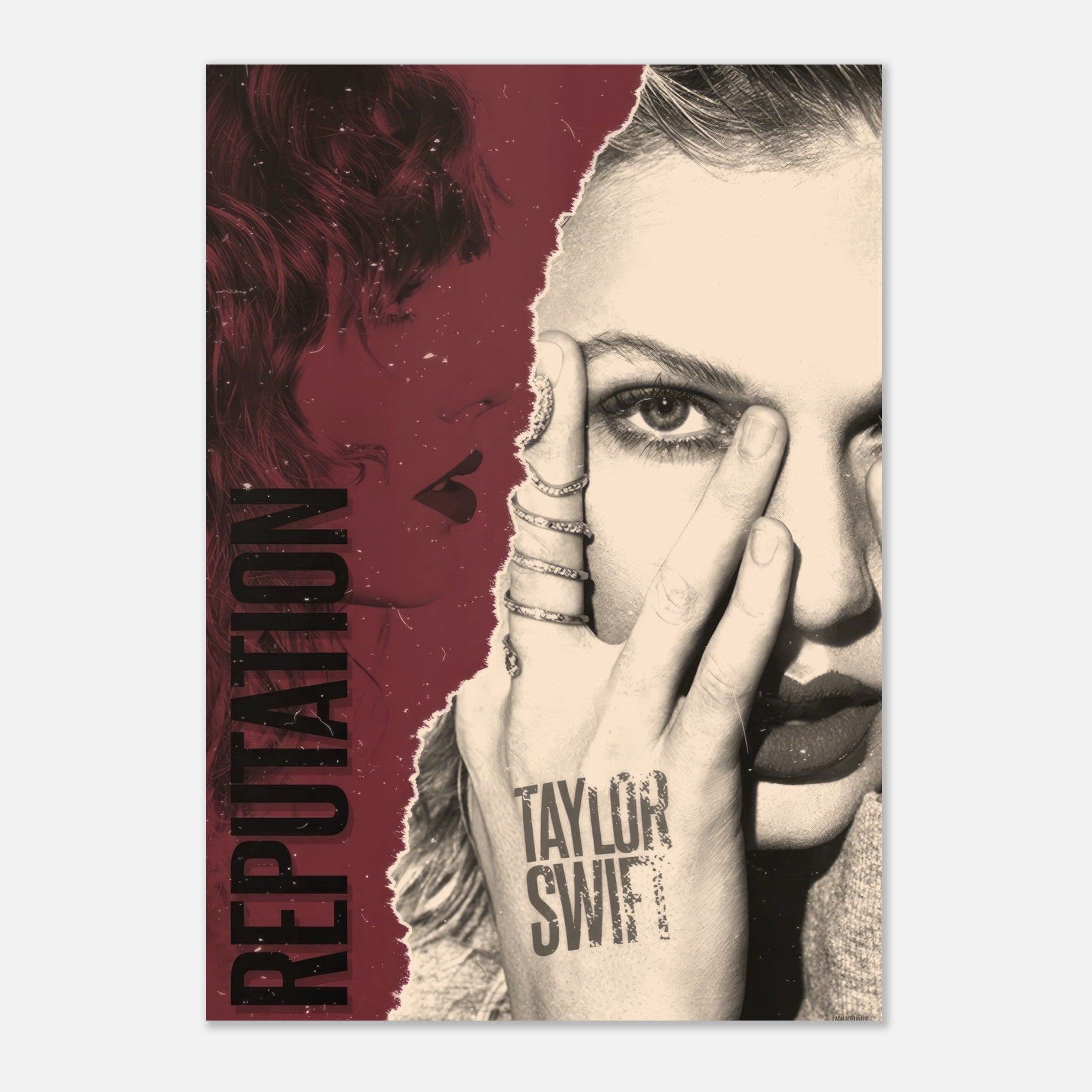 Taylor Swift Reputation poster featuring bold dual-tone design and striking visuals for fans and decor enthusiasts.