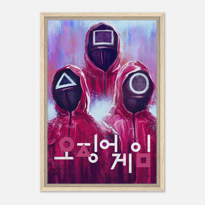 Squid Game framed canvas print featuring iconic masked guards in striking red uniforms and geometric symbols.