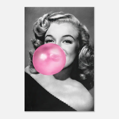 Marilyn Monroe blowing pink bubble gum in a stylish metal print, combining glamour and playful fun.