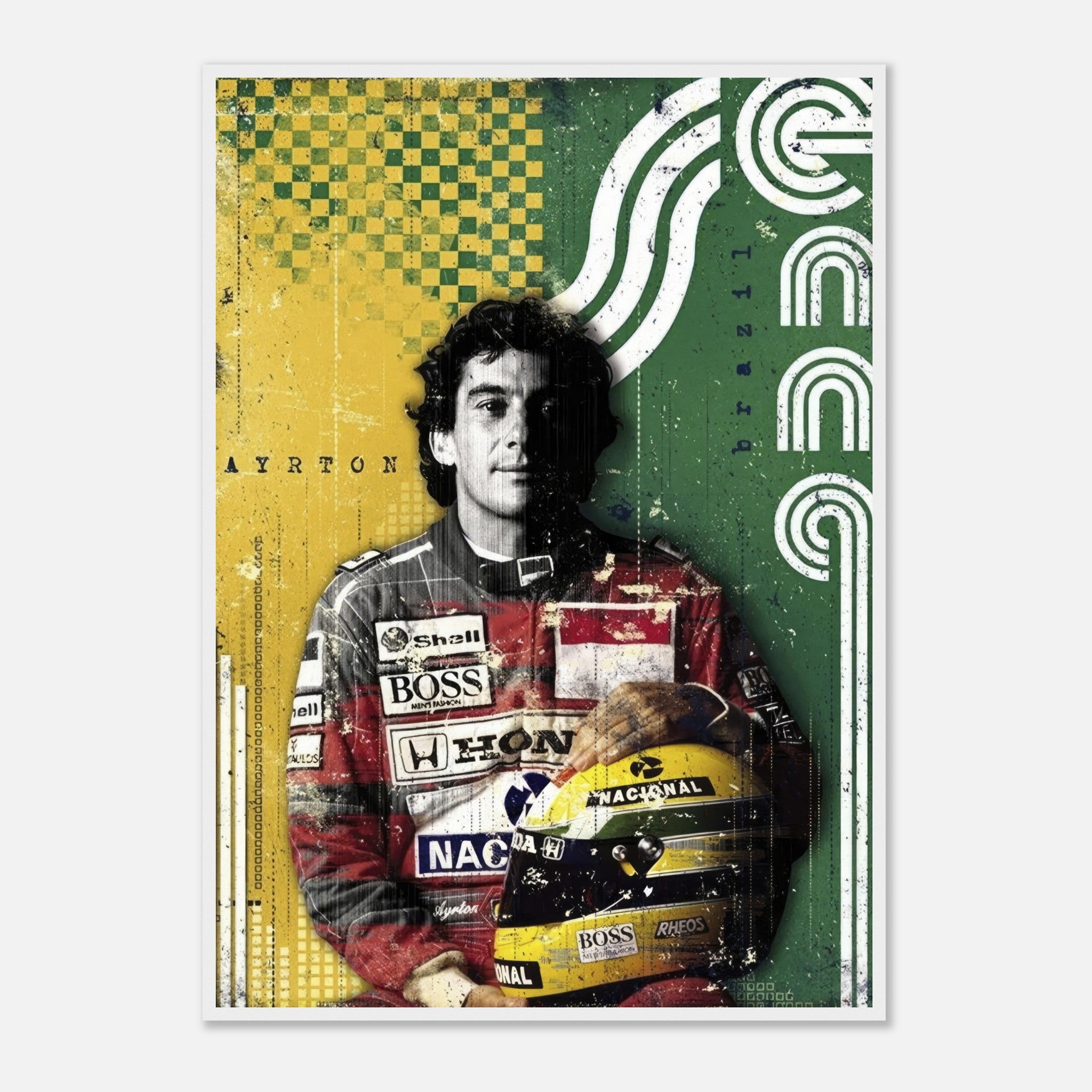 Ayrton Senna F1 legend framed print featuring vibrant colors inspired by the Brazilian flag and dynamic design elements.