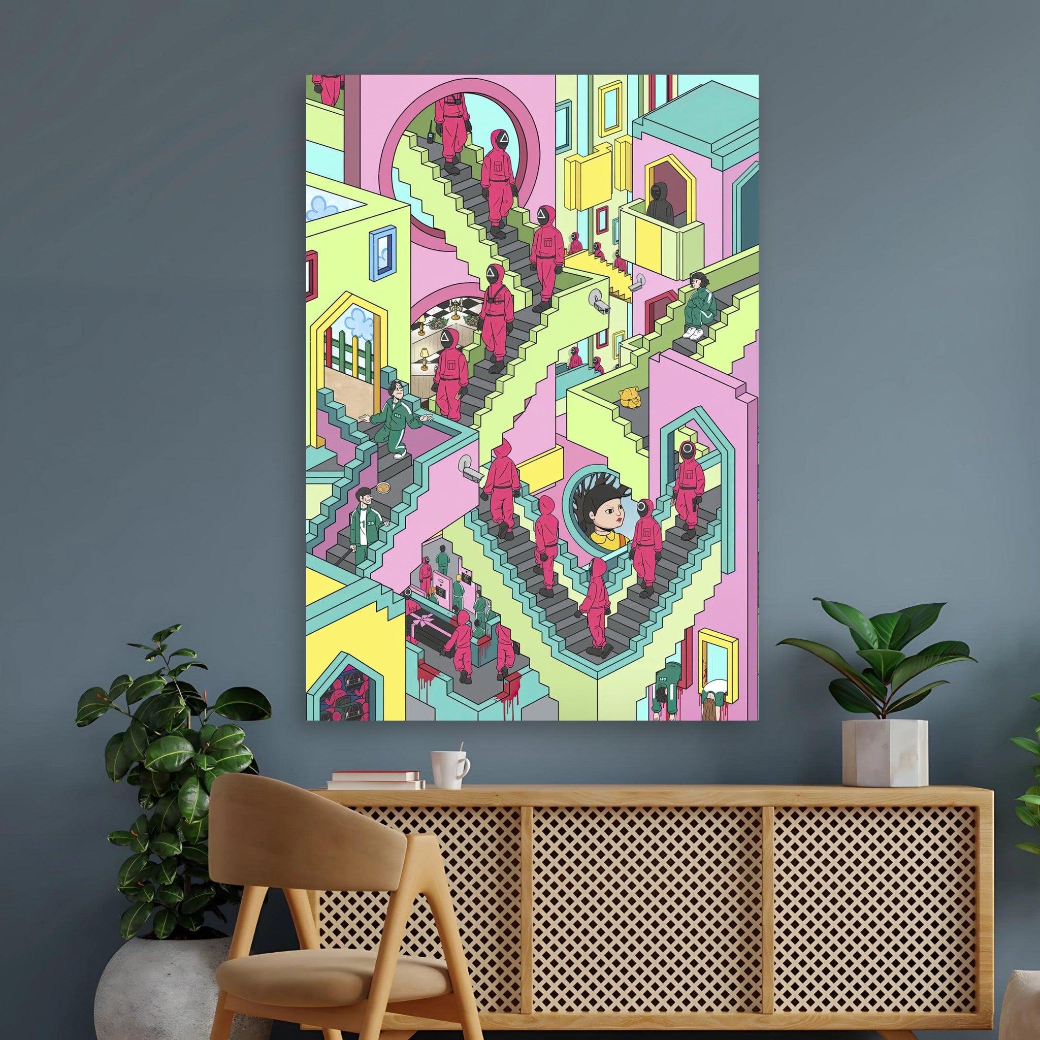 Squid Game Stairs poster featuring vibrant colors and intricate design, bringing modern pop-art style to any living space.