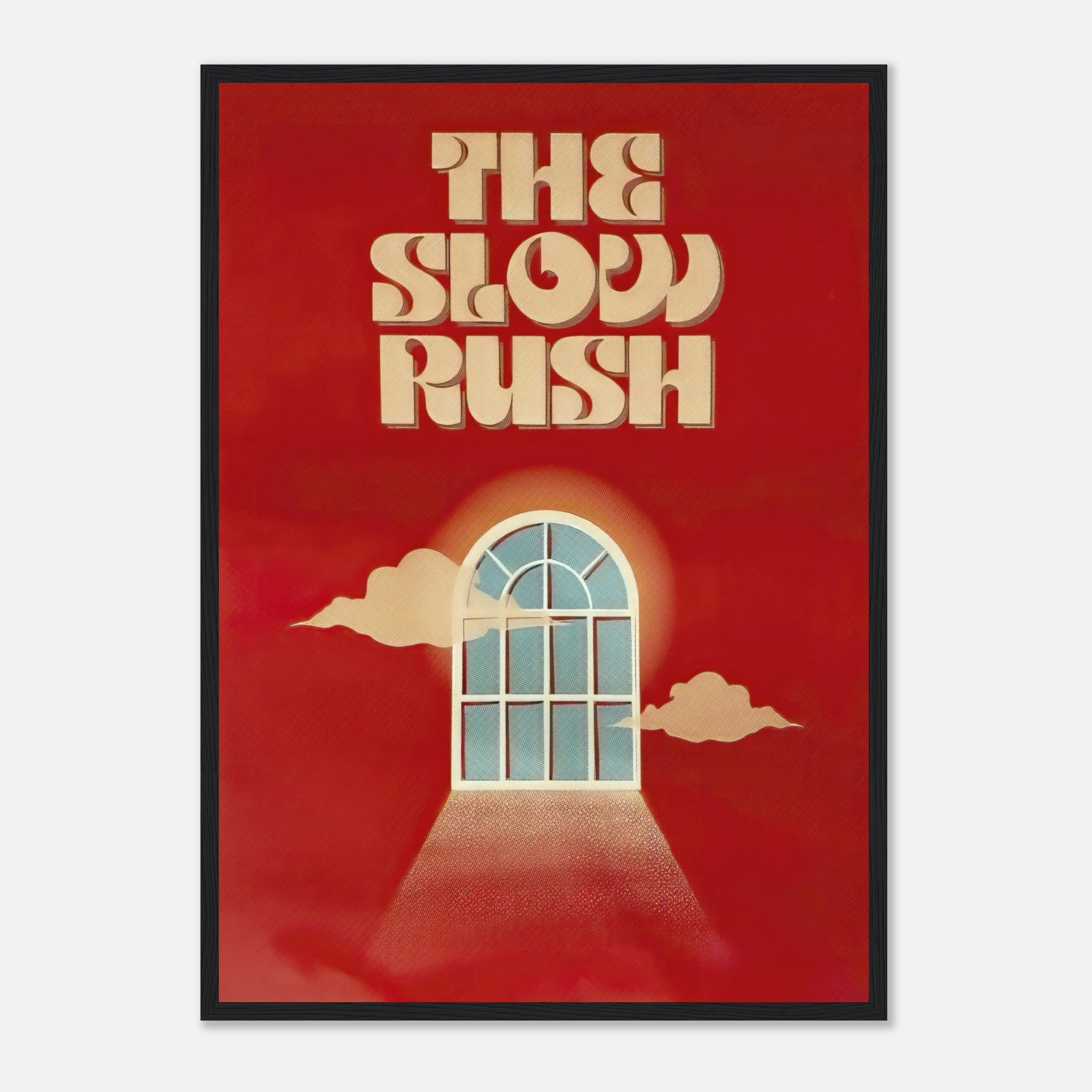 Framed print of The Slow Rush featuring retro typography and a dreamy portal design on a rich red background.