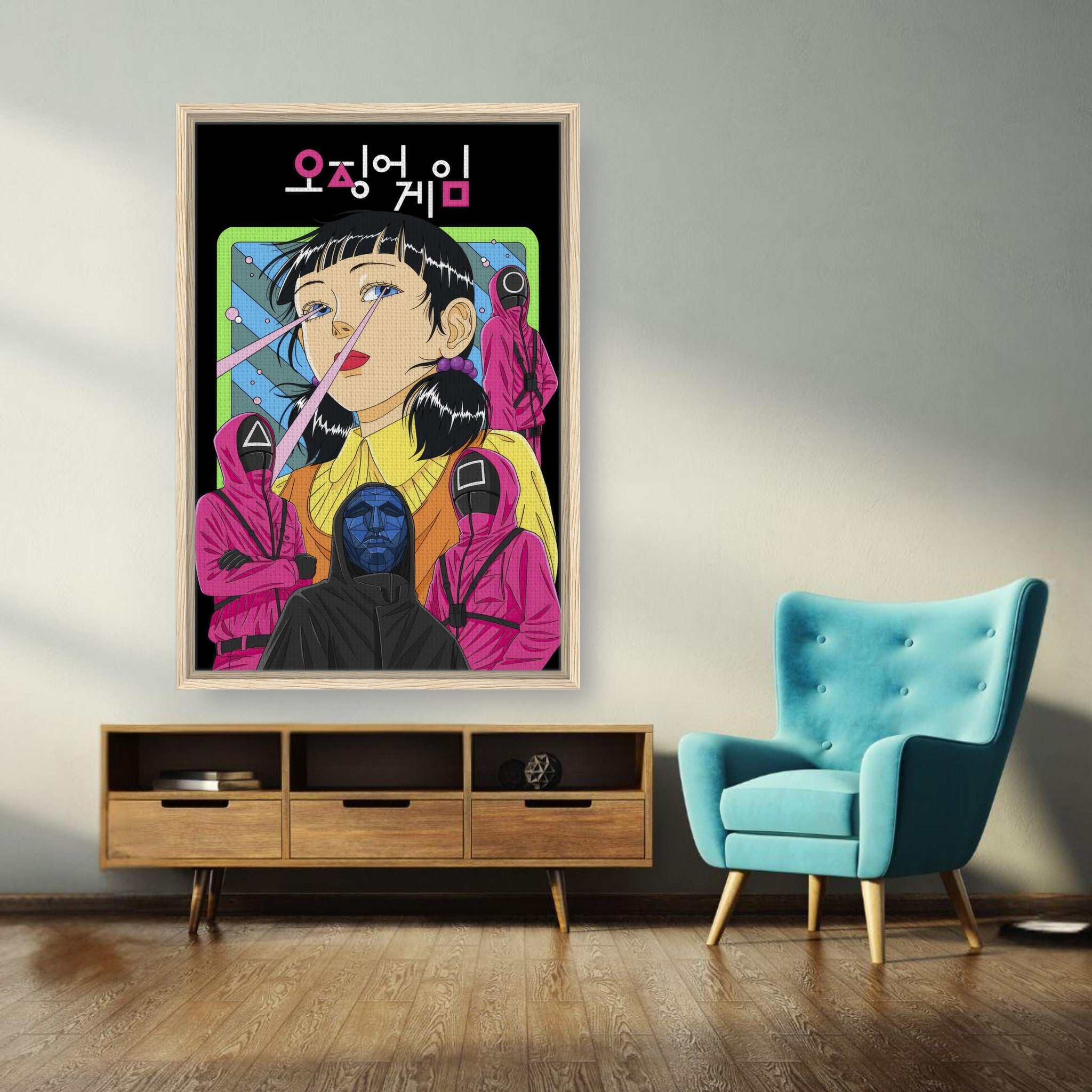 Squid Game Netflix framed canvas print featuring vibrant colors and iconic characters in a modern living room setting.