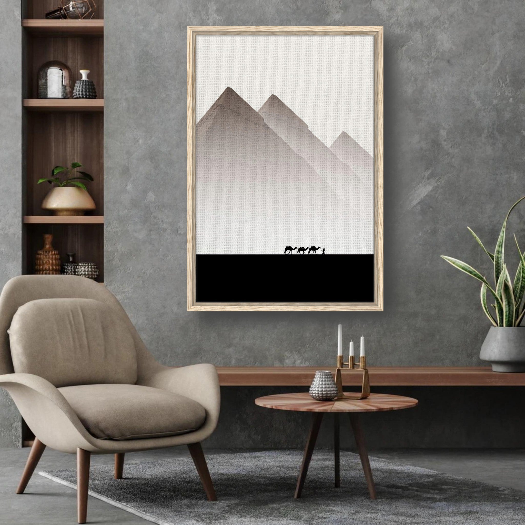 Pyramids of Giza framed canvas print in modern living room with minimalist design and earthy tones.