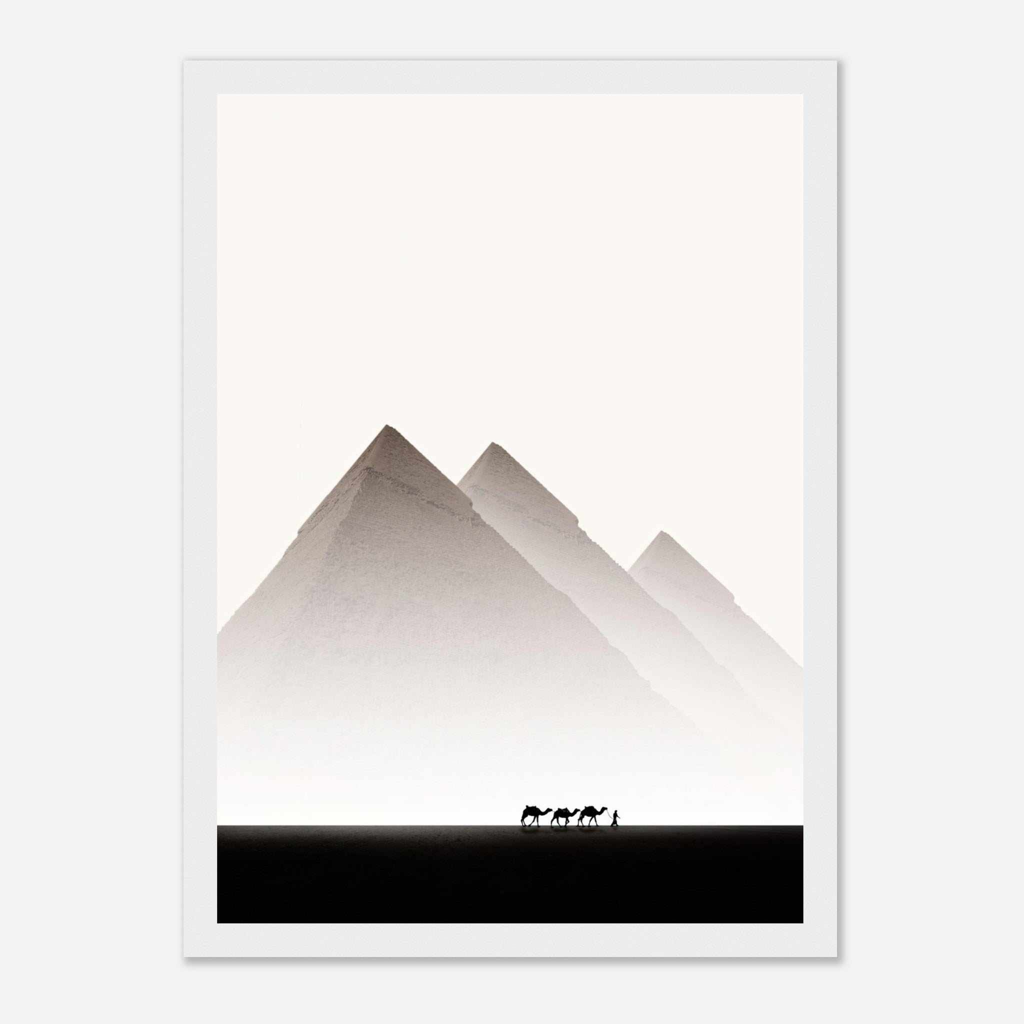 Pyramids of Giza framed print featuring desert landscape with silhouettes of camels and majestic pyramids.