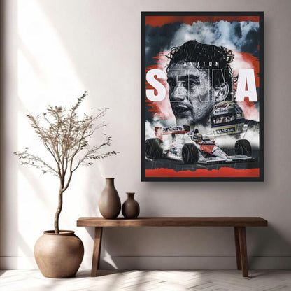 Ayrton Senna framed print showcasing his iconic F1 legacy with vivid colors and dynamic imagery for motorsport enthusiasts.