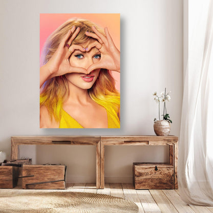 Taylor Swift Fan Love poster featuring her heart gesture, vibrant design in a stylish home setting. Perfect for Swifties.