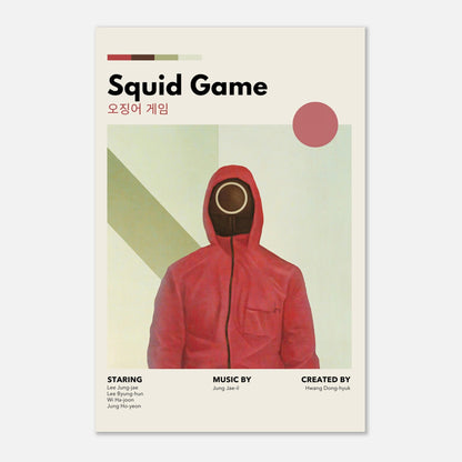 Vintage Squid Game metal print featuring iconic red-suited guard design for fans of the series.