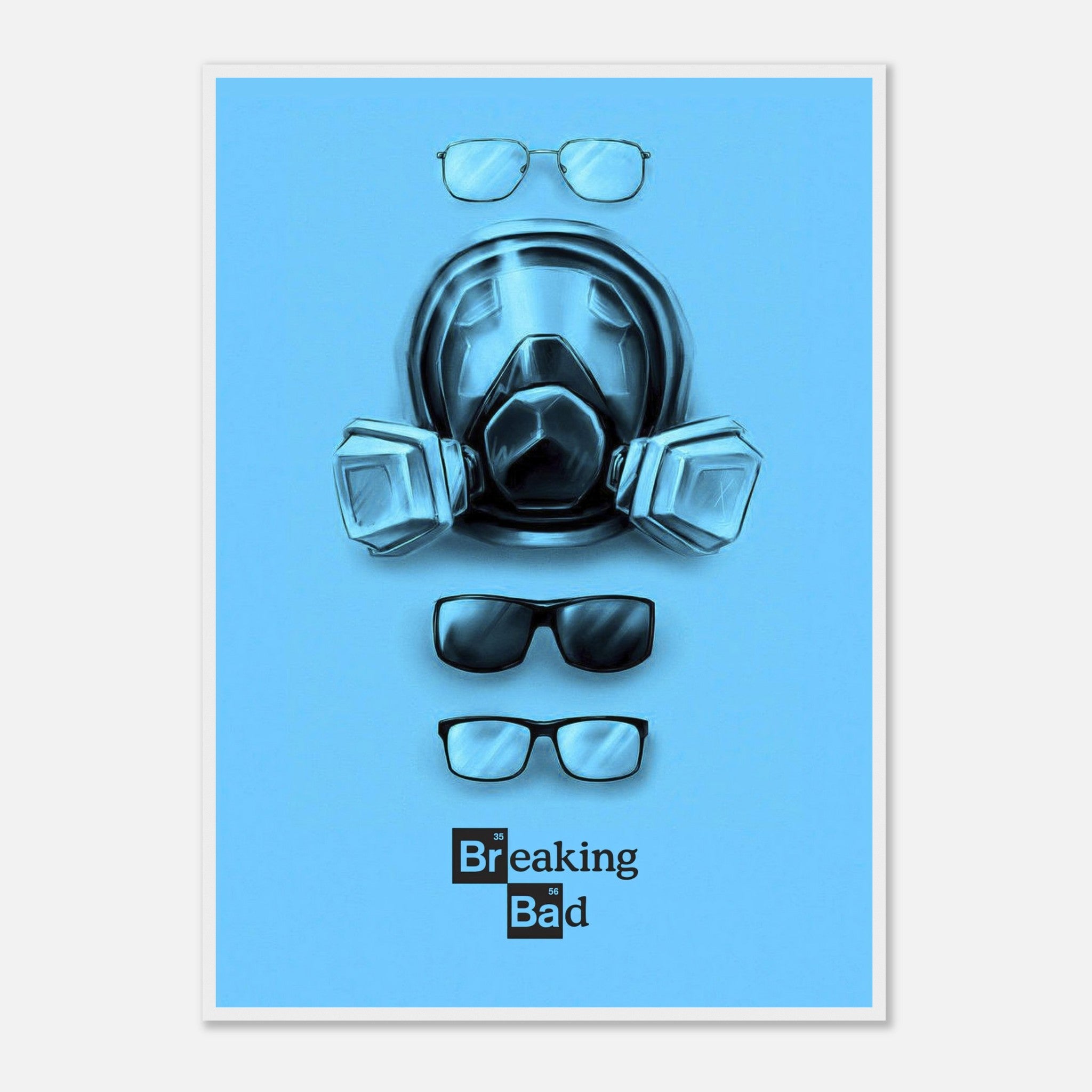 Minimalist Breaking Bad poster featuring Walter White's gas mask and glasses on a bold blue background.