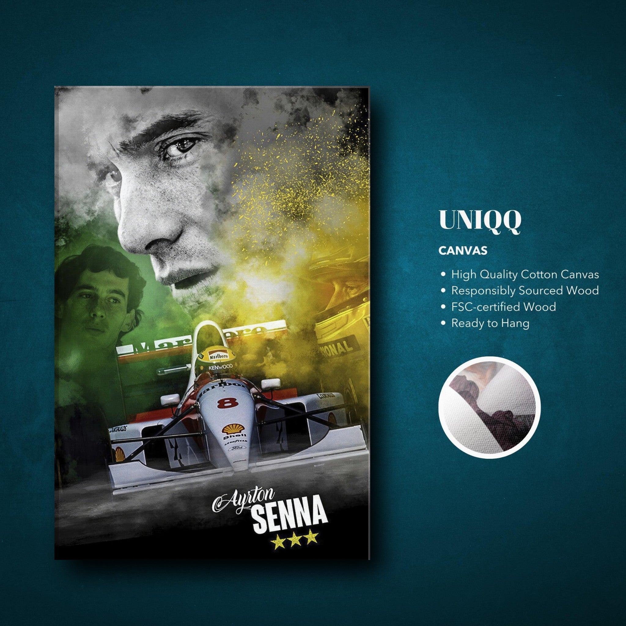 Ayrton Senna F1 McLaren canvas print featuring dynamic image of Senna in racing gear with car backdrop.