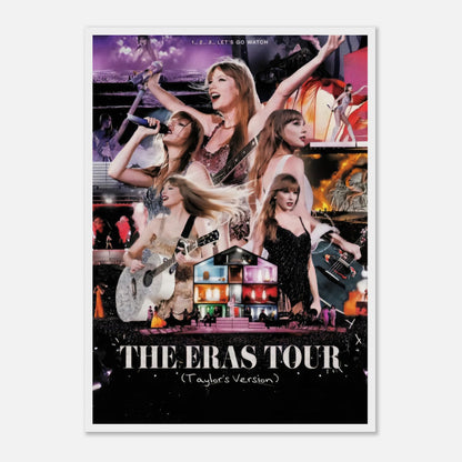 Framed poster of Taylor Swift's Eras Tour featuring vibrant performances and iconic costumes. Perfect for fans!