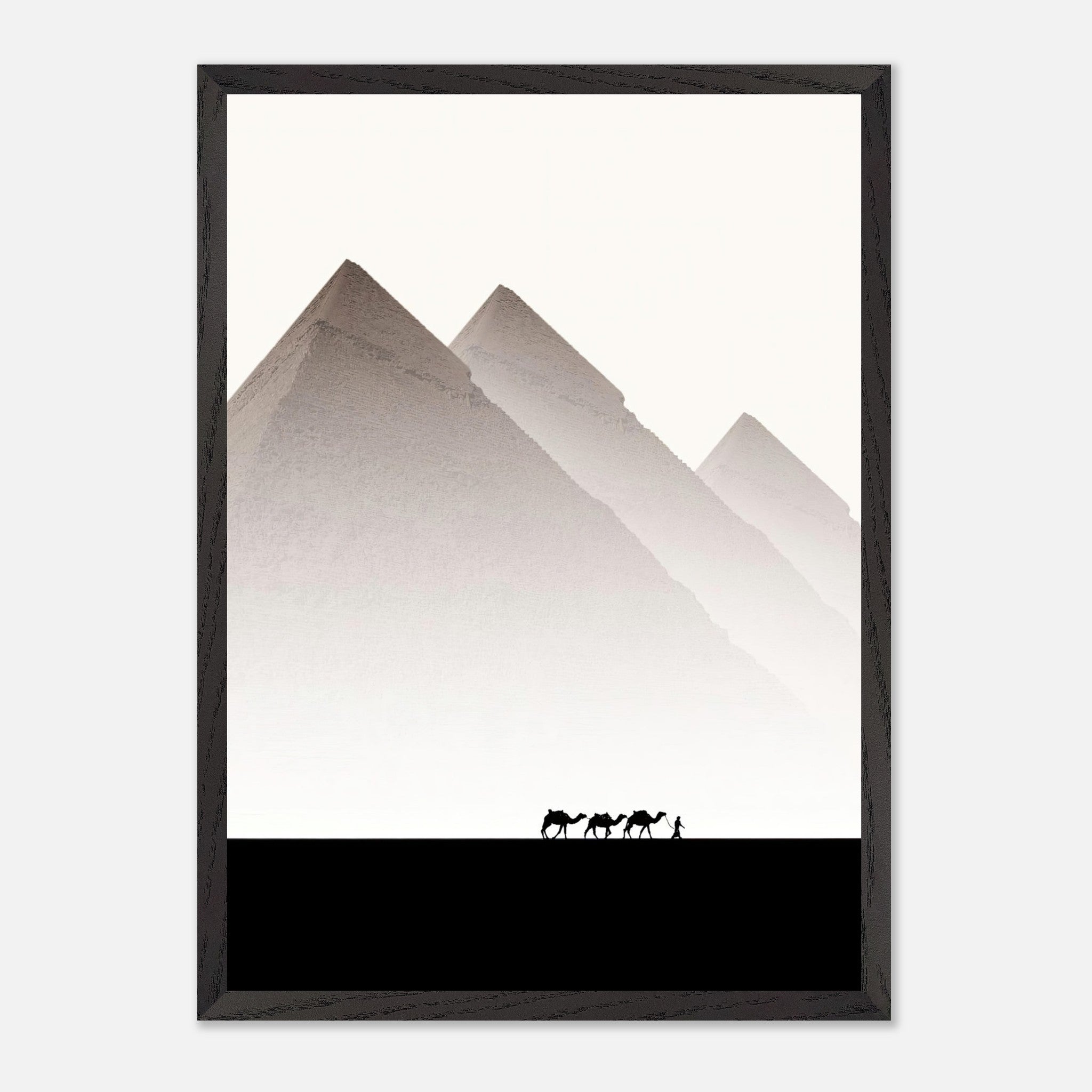 Framed Giclée fine art of the Pyramids of Giza with silhouettes of camels against a minimalist background.