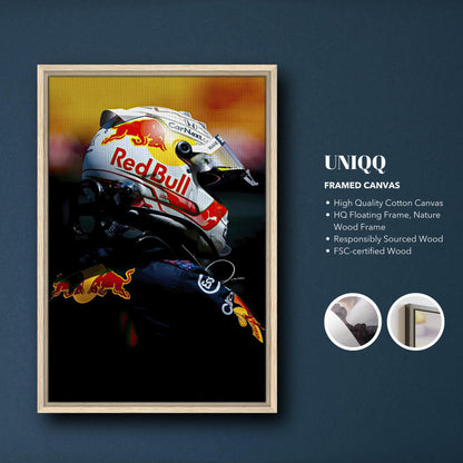 Max Verstappen framed canvas print showcasing Red Bull Racing helmet, featuring high-quality cotton and eco-friendly wood frame.