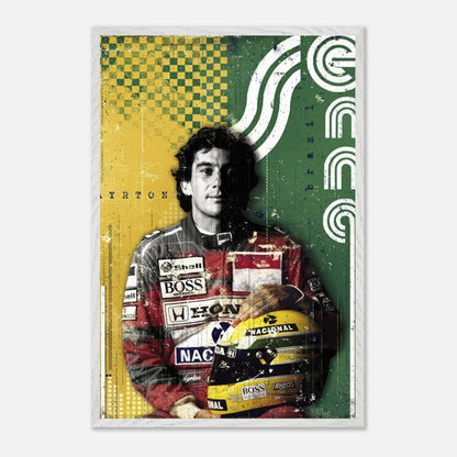 Vintage framed print of Ayrton Senna, featuring bold colors and retro design celebrating the F1 legend's legacy.