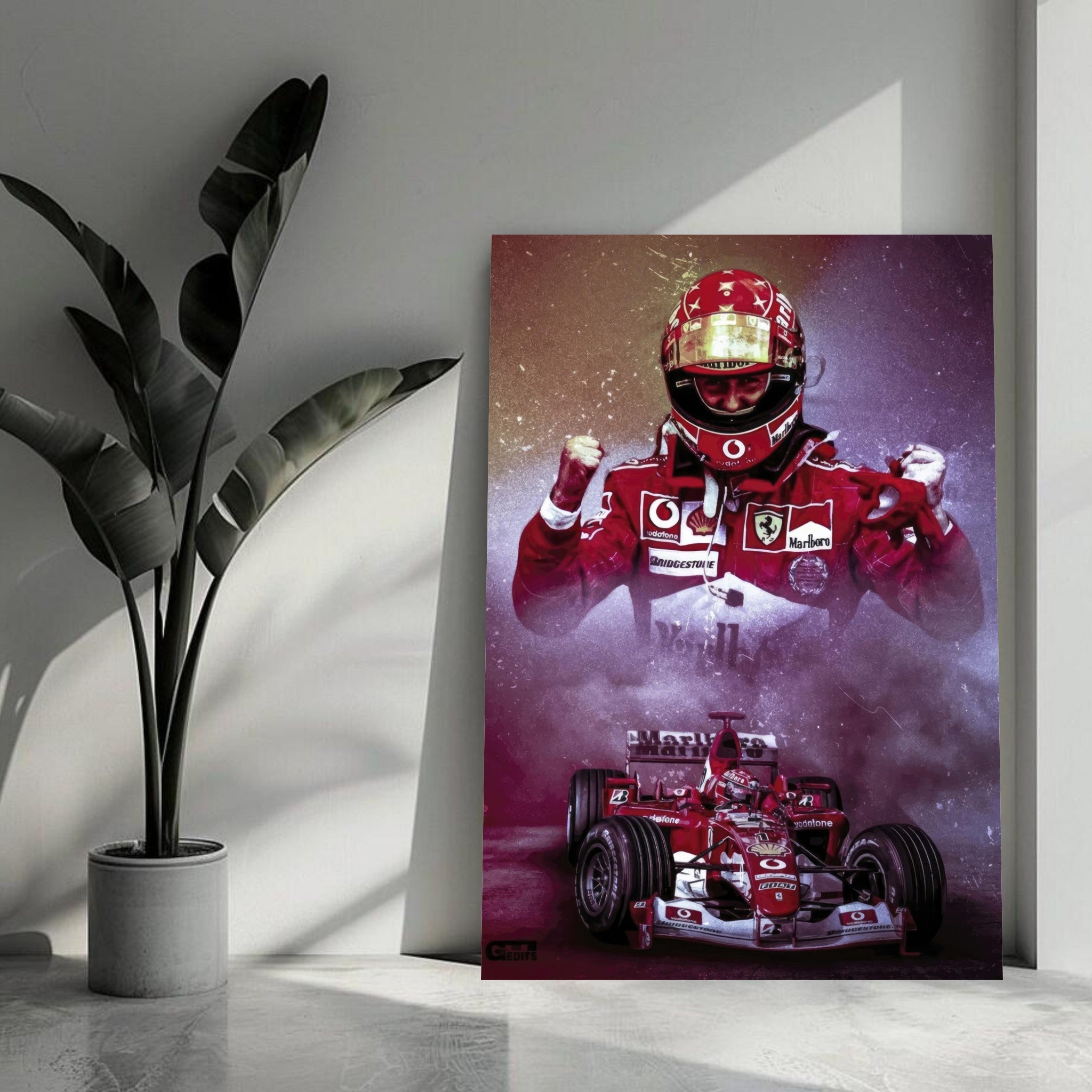 Michael Schumacher metal print featuring him in Ferrari suit, showcasing vibrant colors and racing passion.