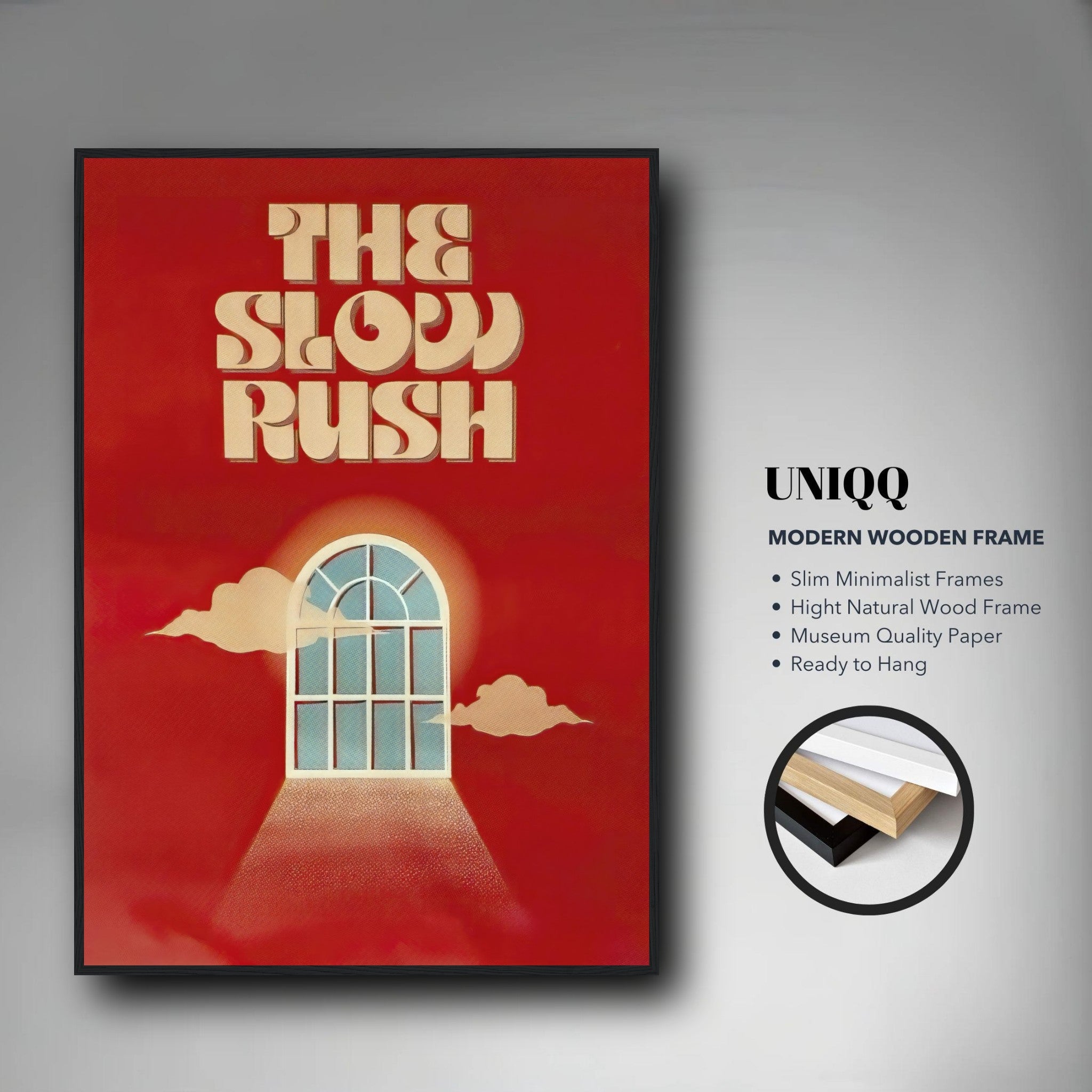 Framed print of "The Slow Rush" with retro typography and cloud design, featuring a bold red background.