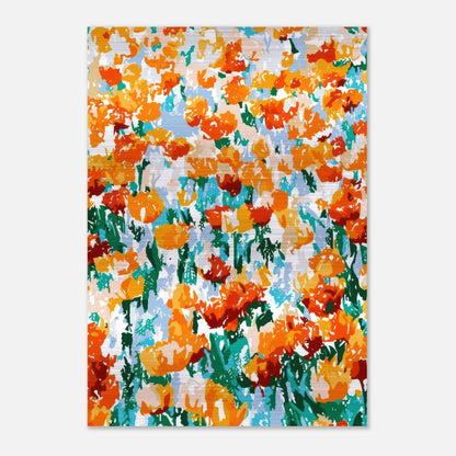 Abstract floral tulip garden artwork featuring vibrant orange and red tulips on a brushed metal print.