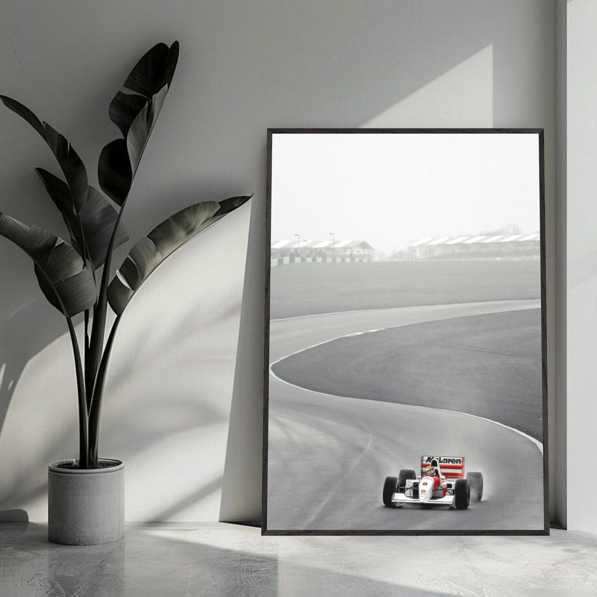 1988 Ayrton Senna McLaren framed giclée fine art print featuring iconic Formula 1 racing moment.