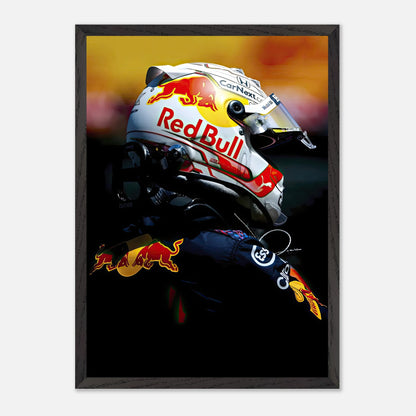 Fine art print of Max Verstappen in Red Bull racing gear, showcasing intensity and premium quality, ready to hang on your wall.