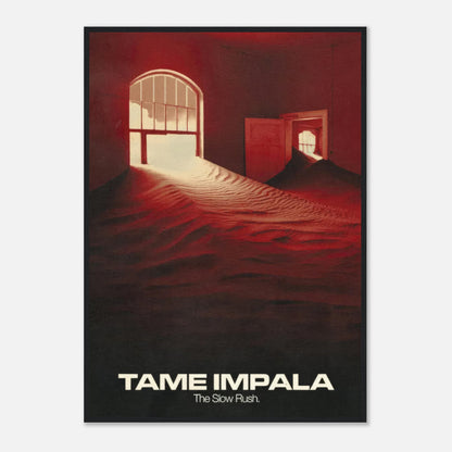 Framed print of Tame Impala's *The Slow Rush* featuring surreal artwork with warm red tones and ethereal imagery.