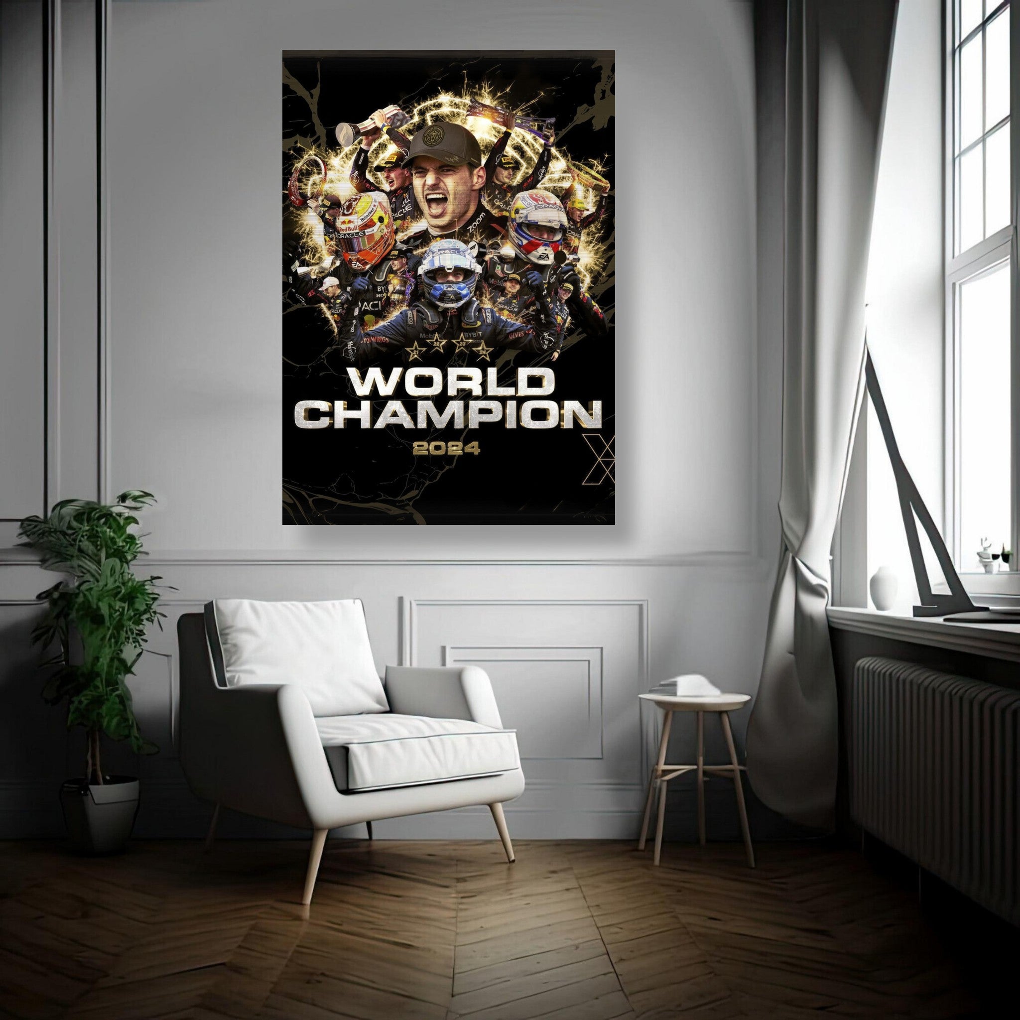 Max Verstappen 2024 F1 World Champion brushed metal print hanging in stylish interior setting.