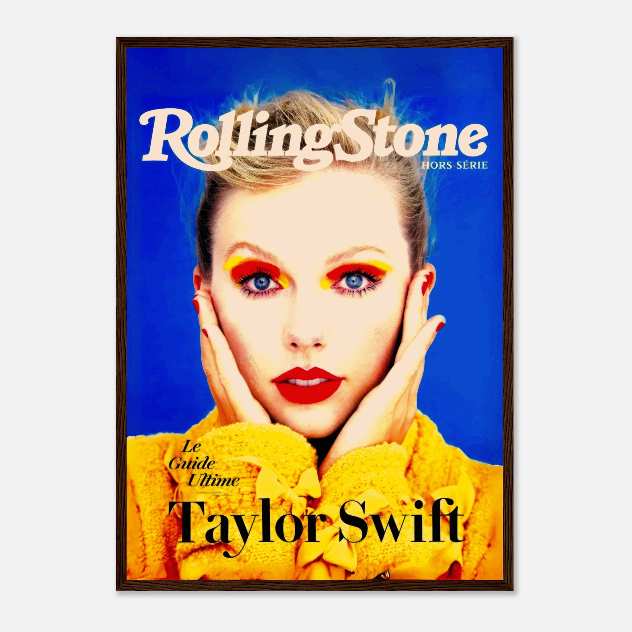 Framed print of Taylor Swift on Rolling Stone magazine cover with vibrant colors and striking portrait.