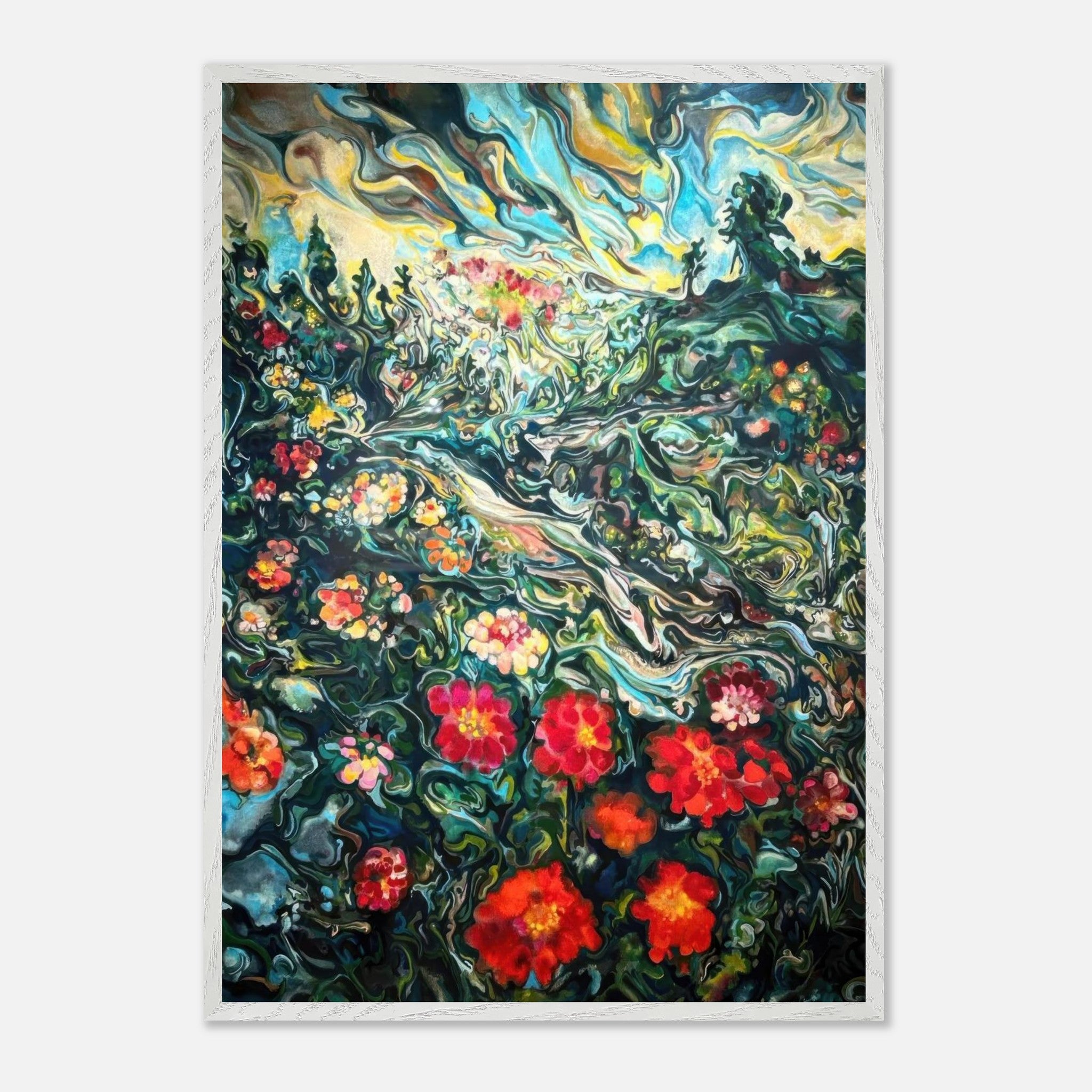 Abstract Floral Landscape Painting in vintage frame, featuring vibrant colors and flowers in a serene, luminous meadow.