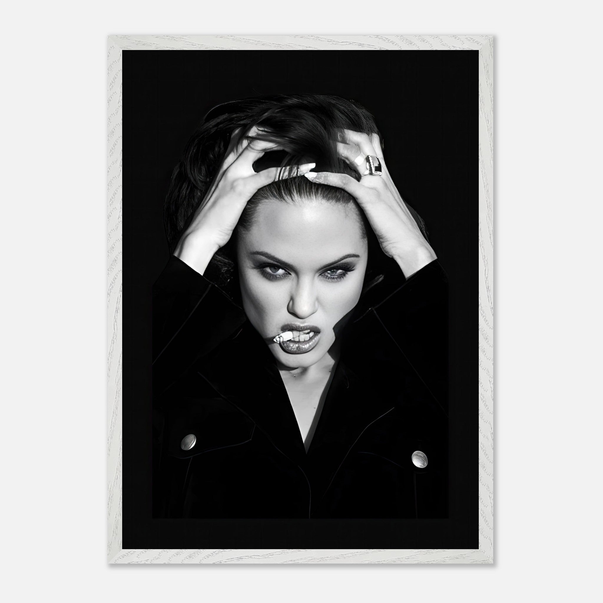 Angelina Jolie Smoking Vintage Framed Print, striking black-and-white photo showcasing charisma and bold attitude.