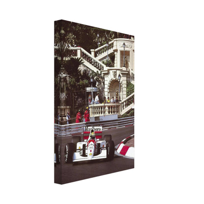 Ayrton Senna racing at Monaco captured in a vibrant canvas print, showcasing motorsport history and elegance.