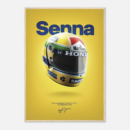 Ayrton Senna helmet framed poster featuring vibrant colors and inspirational quote on a bold yellow background.