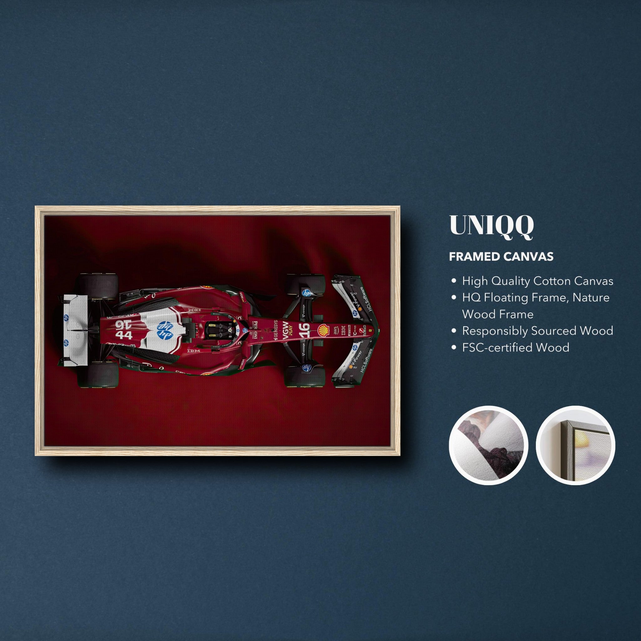 Ferrari F1 2025 framed canvas print showcasing top-down view of the car on deep red background.