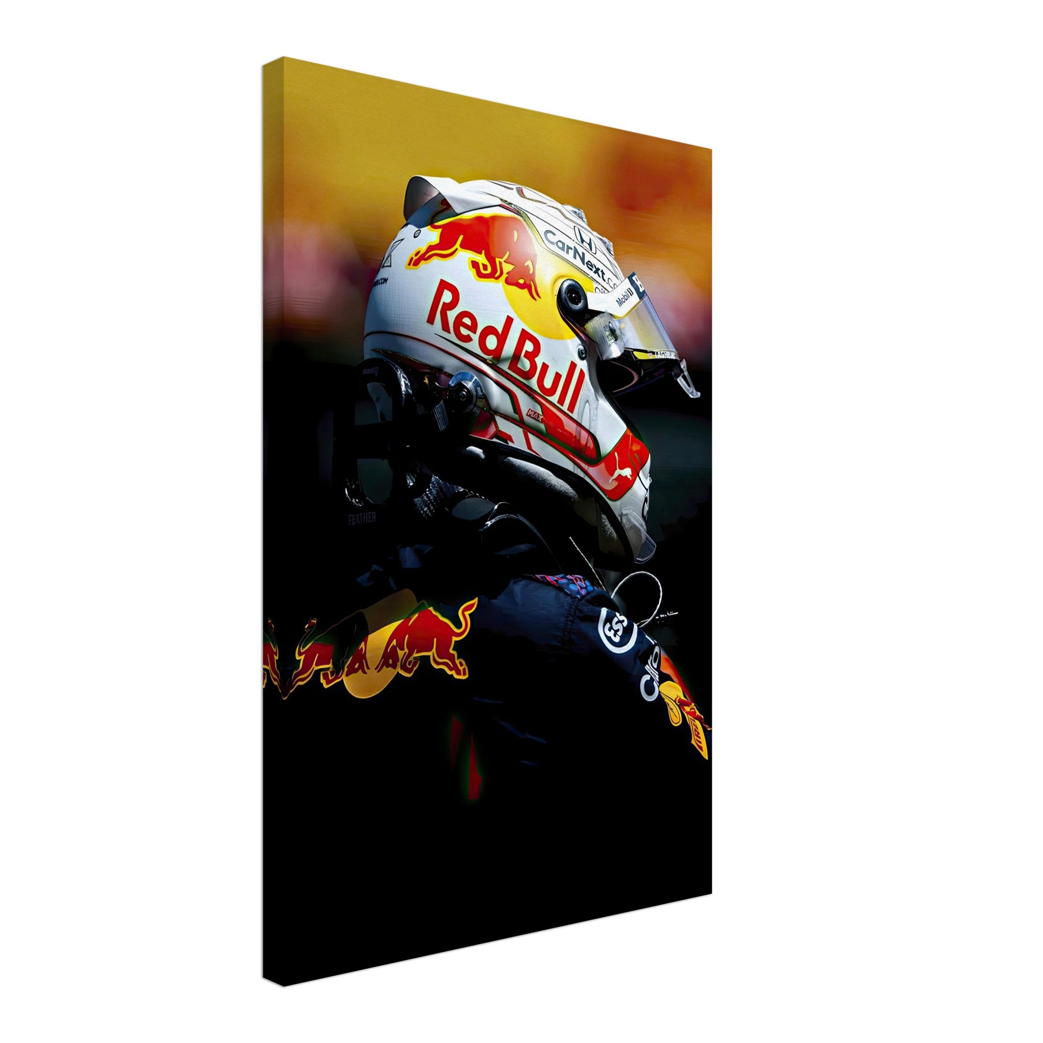 Max Verstappen canvas print featuring Red Bull Racing helmet, vibrant and detailed, perfect for Formula 1 fans' decor.