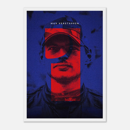 Max Verstappen framed print featuring bold colors and dynamic design, celebrating his Formula 1 championship spirit.