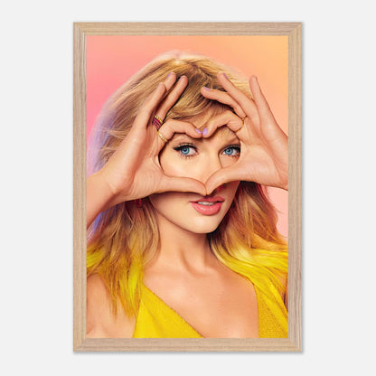 Vintage framed print of a woman making a heart shape with her hands, celebrating Taylor Swift's charm and energy.