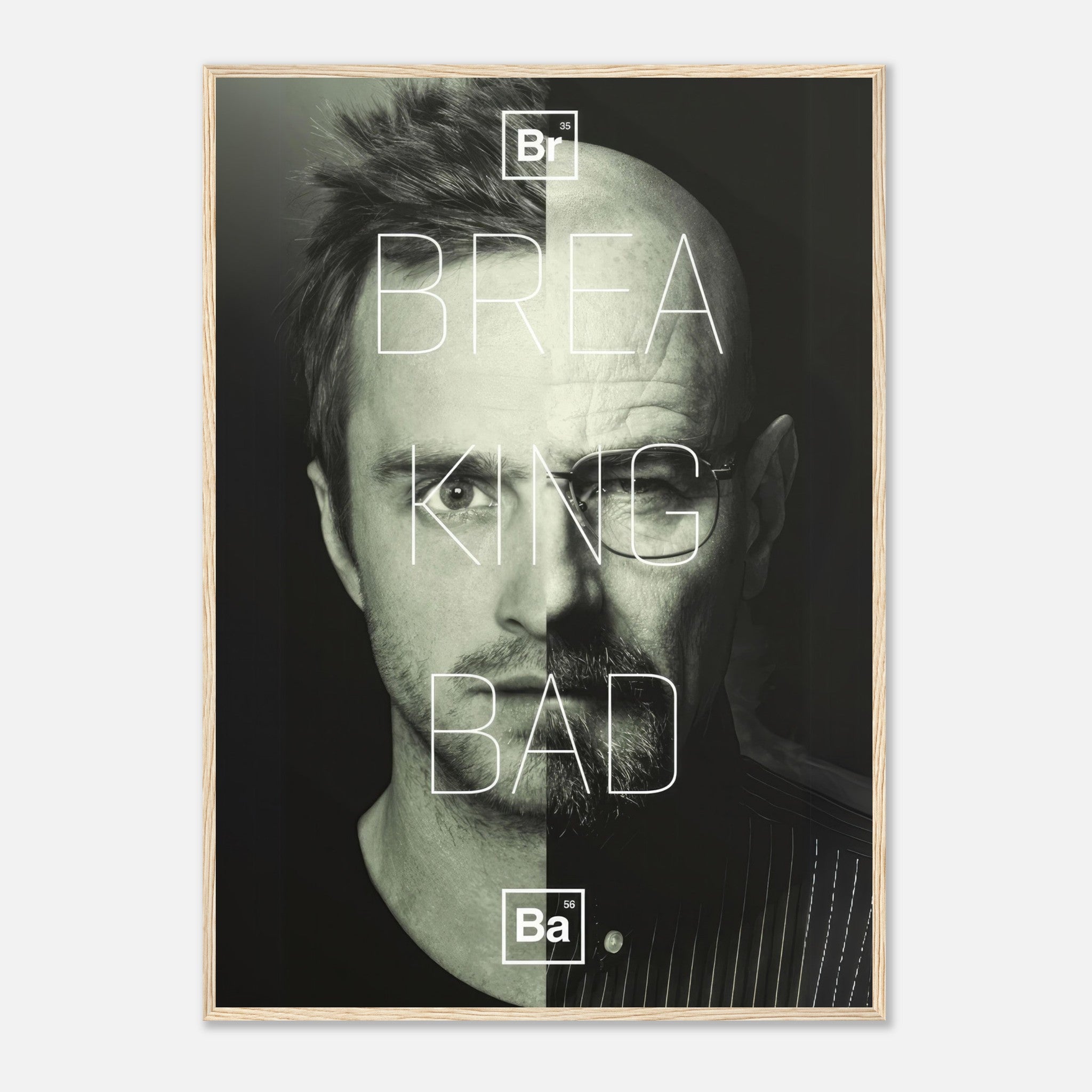 Jesse x Walter Breaking Bad framed print featuring a bold split-face design of the iconic duo in high resolution.