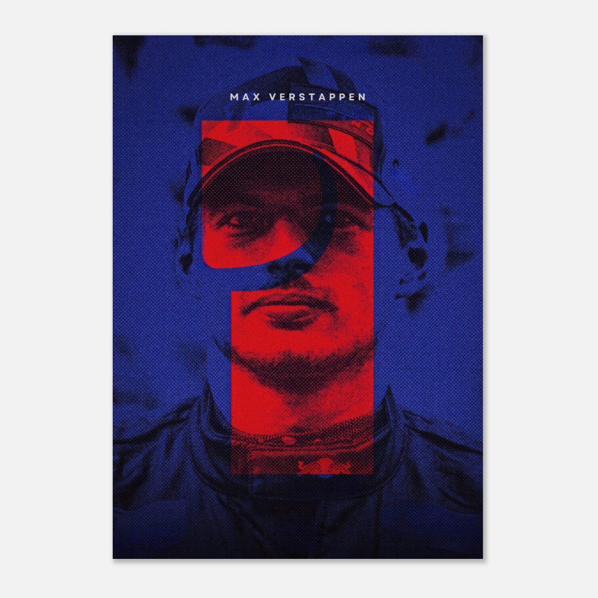 Max Verstappen F1 poster featuring a vibrant design with bold red and blue colors, capturing the thrill of motorsport.