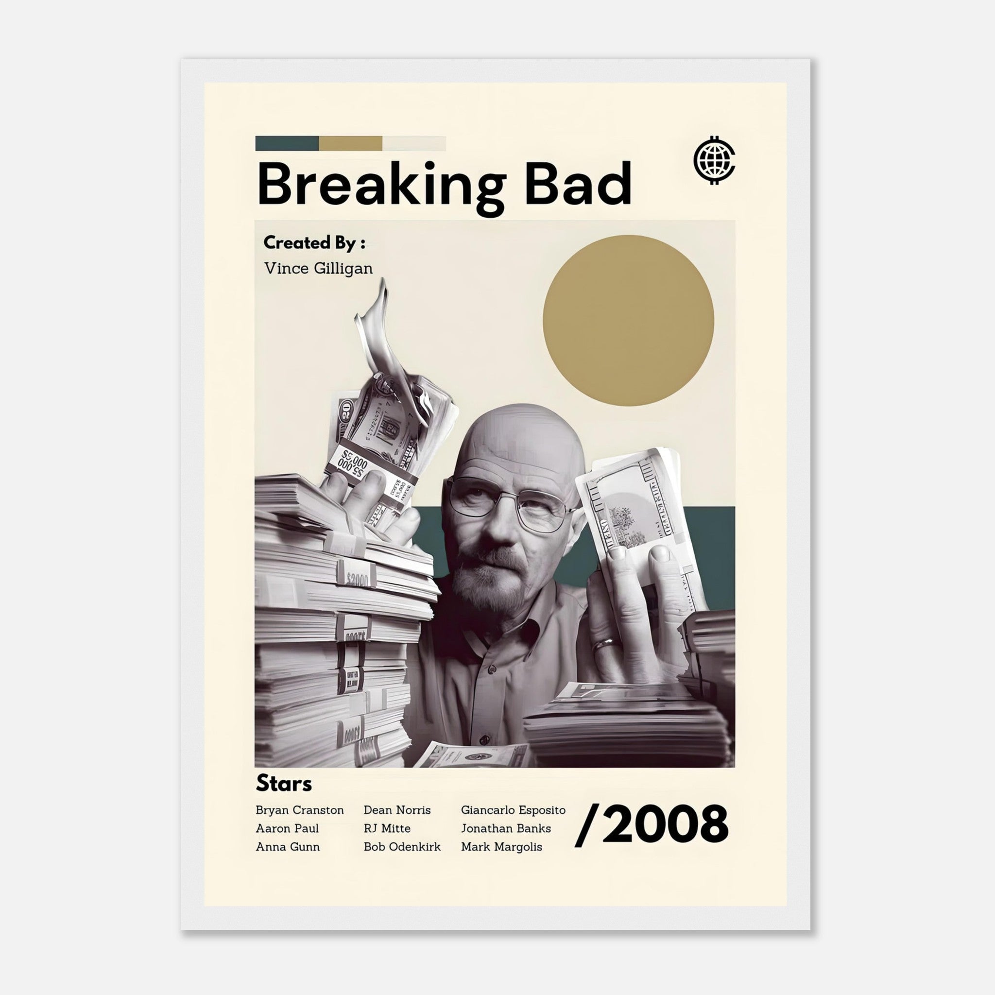 Breaking Bad framed print featuring Walter White with money stacks, showcasing iconic moments from the series, created by Vince Gilligan.